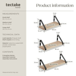 Tectake Wall Shelves - Set Of 3, Decorative Metal Brackets, High Load-Capacity, 3 Widths Included  - Industrial Wood Light, Oak Sonoma - thumbnail 6