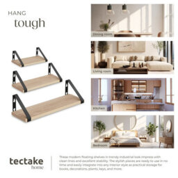Tectake Wall Shelves - Set Of 3, Decorative Metal Brackets, High Load-Capacity, 3 Widths Included  - Industrial Wood Light, Oak Sonoma - thumbnail 7