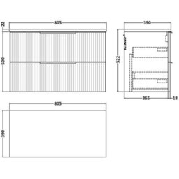 Hudson Reed Fluted Wall Hung 2-Drawer Vanity Unit & Black Laminate Worktop, Counter Top Vanity Unit In Satin White, 800mm - thumbnail 3