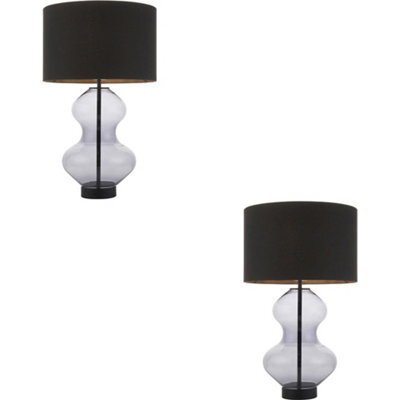 Loops 2 Pack Grey Tinted Glass Table Lamp - Black Cotton Fabric With Matt Black Paint Shade - Dimmable 10W Led E27 - image 1