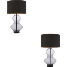 Loops 2 Pack Grey Tinted Glass Table Lamp - Black Cotton Fabric With Matt Black Paint Shade - Dimmable 10W Led E27
