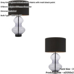 Loops 2 Pack Grey Tinted Glass Table Lamp - Black Cotton Fabric With Matt Black Paint Shade - Dimmable 10W Led E27 - thumbnail 2