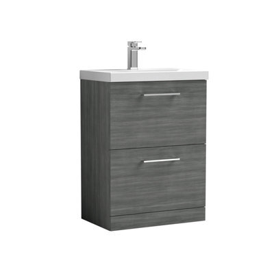 Balterley Contemporary Bathroom Floor Standing 2 Soft-Close Drawer Vanity Unit & Mid-Edge Ceramic Basin, Anthracite, 600 mm - image 1