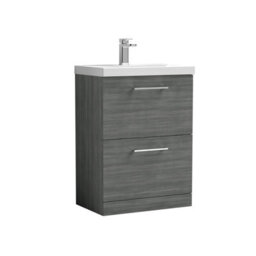 Balterley Contemporary Bathroom Floor Standing 2 Soft-Close Drawer Vanity Unit & Mid-Edge Ceramic Basin, Anthracite, 600 mm - thumbnail 1