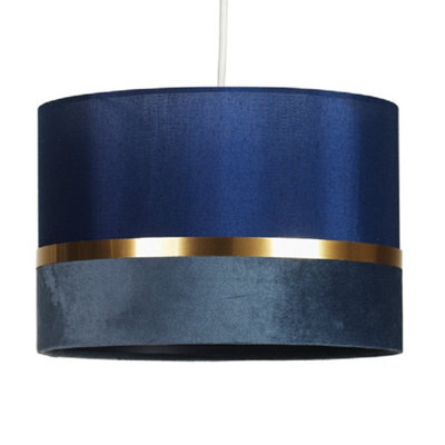Britalia Navy Blue Velvet & Fabric Drum Pendant Shade With Gold Metallic Band 30Cm - image 1