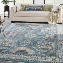 Ivory Blue Rug, Stain-Resistant Luxurious Rug, Traditional Bordered Floral Rug For Bedroom, & Diningroom-269Cm X 361Cm - thumbnail 2