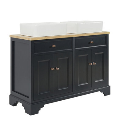 Homestylestore 1210mm Black Grey And Oak Bathroom Vanity Unit With Square Countertop Basins And Bronze Square Handles - image 1