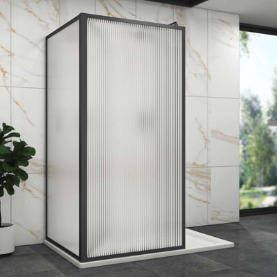 Royal Bathrooms Luxor 2 Sided Walk In Wet Room Fluted Shower Enclosure With 1200 X 800mm Stone Tray & Matt Black Frame 8mm Easy Clean Glass - image 1