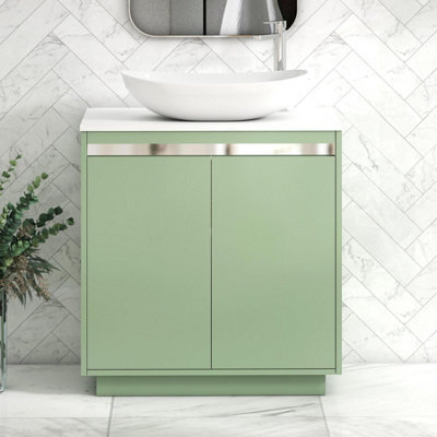 Royal Bathrooms Orion 800mm Mint Sage Floor Standing Plain White Countertop Vanity Unit 2 Door With Cesar Basin & Chrome Accent Trim - image 1
