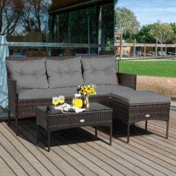 Costway 3 Pcs Patio Rattan Conversation Set Garden Corner Sofa Set W/ Coffee Table-Grey