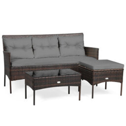 Costway 3 Pcs Patio Rattan Conversation Set Garden Corner Sofa Set W/ Coffee Table-Grey - thumbnail 2
