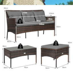 Costway 3 Pcs Patio Rattan Conversation Set Garden Corner Sofa Set W/ Coffee Table-Grey - thumbnail 3