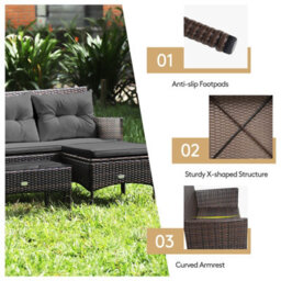 Costway 3 Pcs Patio Rattan Conversation Set Garden Corner Sofa Set W/ Coffee Table-Grey - thumbnail 6