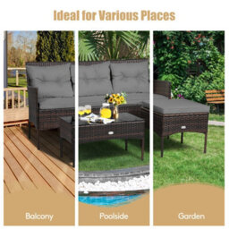 Costway 3 Pcs Patio Rattan Conversation Set Garden Corner Sofa Set W/ Coffee Table-Grey - thumbnail 9