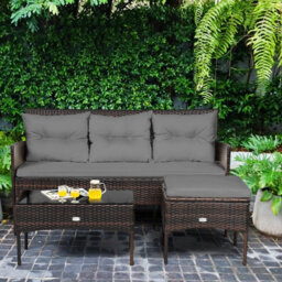 Costway 3 Pcs Patio Rattan Conversation Set Garden Corner Sofa Set W/ Coffee Table-Grey - thumbnail 4
