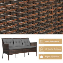 Costway 3 Pcs Patio Rattan Conversation Set Garden Corner Sofa Set W/ Coffee Table-Grey - thumbnail 7
