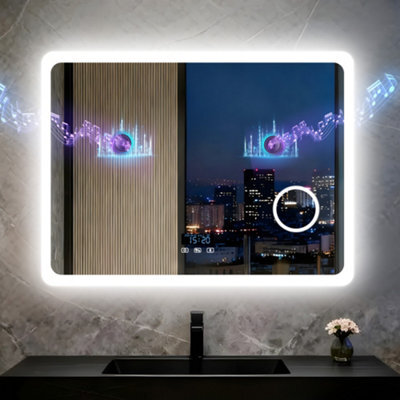Luvodi 80X60Cm Smart Led Bathroom Mirror With Bluetooth Speaker, Digital Display, 3X Magnifier - image 1