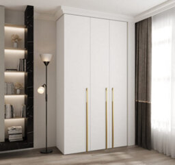 Arte Stylish White Como 3 Hinged Door Wardrobe H2460mm W1300mm D500mm, Three Doors, Eight Shelves, Hanging Rail, Gold Vertical Handles - thumbnail 2