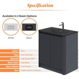 Plum&clay Isla Ribbed Fluted Grey Freestanding Bathroom Vanity Unit & Black Basin Set (W)800mm - thumbnail 5