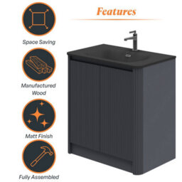 Plum&clay Isla Ribbed Fluted Grey Freestanding Bathroom Vanity Unit & Black Basin Set (W)800mm - thumbnail 6