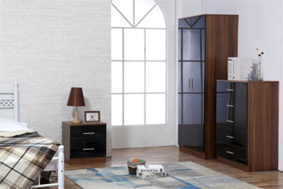 Reflect 2 Door Plain Wardrobe, 5 Drawer Chest, 2 Drawer Bedside - Black Gloss & Walnut - Modern Bedroom Furniture Set - image 1