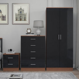 Reflect 2 Door Plain Wardrobe, 5 Drawer Chest, 2 Drawer Bedside - Black Gloss & Walnut - Modern Bedroom Furniture Set - thumbnail 3