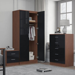 Reflect 2 Door Plain Wardrobe, 5 Drawer Chest, 2 Drawer Bedside - Black Gloss & Walnut - Modern Bedroom Furniture Set - thumbnail 2