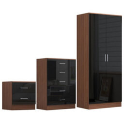 Reflect 2 Door Plain Wardrobe, 5 Drawer Chest, 2 Drawer Bedside - Black Gloss & Walnut - Modern Bedroom Furniture Set - thumbnail 6