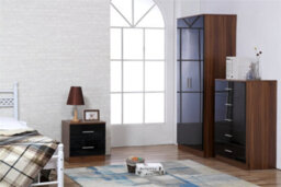Reflect 2 Door Plain Wardrobe, 5 Drawer Chest, 2 Drawer Bedside - Black Gloss & Walnut - Modern Bedroom Furniture Set