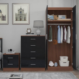 Reflect 2 Door Plain Wardrobe, 5 Drawer Chest, 2 Drawer Bedside - Black Gloss & Walnut - Modern Bedroom Furniture Set - thumbnail 4