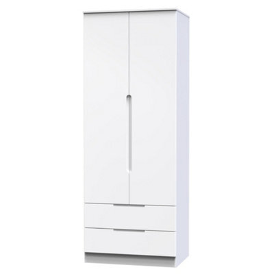 Messina Ready Assembled Modern Gloss White 2 Drawer Tall Double Wardrobe (H)1970mm (W)770mm (D)530mm - image 1