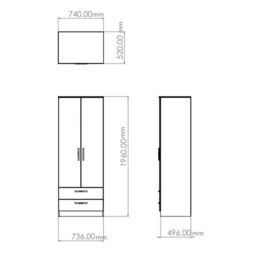 Messina Ready Assembled Modern Gloss White 2 Drawer Tall Double Wardrobe (H)1970mm (W)770mm (D)530mm - thumbnail 5