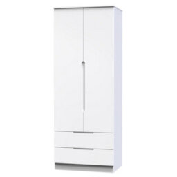 Messina Ready Assembled Modern Gloss White 2 Drawer Tall Double Wardrobe (H)1970mm (W)770mm (D)530mm - thumbnail 1