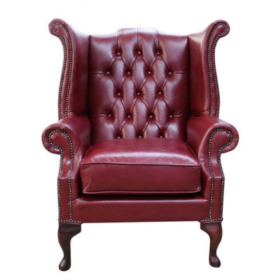 Chesterfield High Back Wing Chair Old English Burgandy Leather In Queen Anne Style - image 1