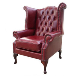 Chesterfield High Back Wing Chair Old English Burgandy Leather In Queen Anne Style - thumbnail 2