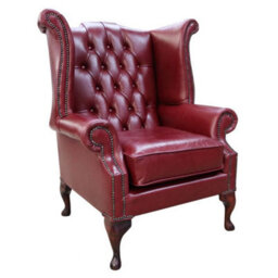 Chesterfield High Back Wing Chair Old English Burgandy Leather In Queen Anne Style - thumbnail 3
