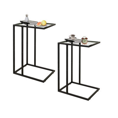 Huhote Stylish C Shaped End Table Set Of 2 With Glass Top And Metal Frame For Living Room Bedroom Black - image 1