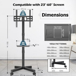 ATEK Mobile Tv Stand On Wheels For 23 To 60 Inch Screens, Portable Rolling Tv Trolley Stand Media Shelf, Max Vesa 400X400mm, Load 25Kg - thumbnail 4
