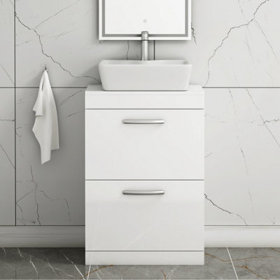 Royal Bathrooms 600mm Floor Standing Vanity Unit 2 Drawer Gloss White & Countertop Basin - Cube - image 1