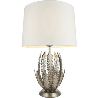 Ornate Silver Table Lamp Light Ivory Cotton Fabric Shade Decorative Leaf Design - image 1