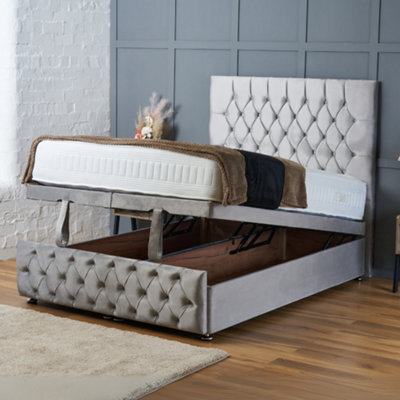 Bsspoke Ottoman Divan Chesterfield Bed Lift Up Storage Bed Silver Velvet 54Inch Headboard & Footboard Free Mattress All Sizes - image 1