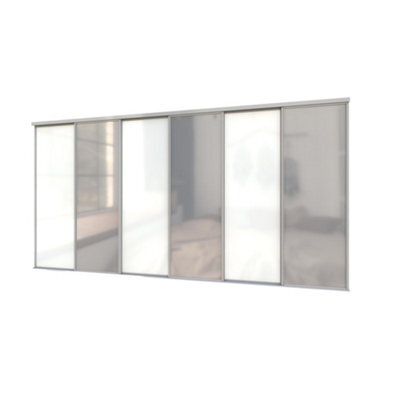 A-Class Sliding Doors Set Of 6 White Glass & Mirror Sliding Wardrobe Door Kit, Silver Frame & Tracks, Opening Height (H) 225-226Cm & Width (W) 354-355Cm - image 1
