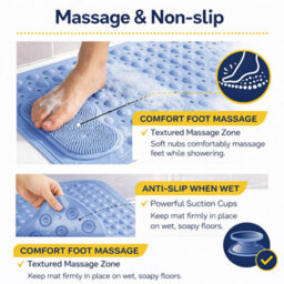 Shopnbits Comfortgrip Asm01 Blue Extra Large 60X90Cm Pvc Anti Slip Bath And Shower Mat With Suction Cups And Foot Scrubber - thumbnail 3