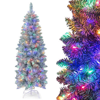 Costway 5 Ft Pre-Lit Artificial Christmas Tree Hinged Slim Pencil Christmas Tree W/ Led Lights - image 1