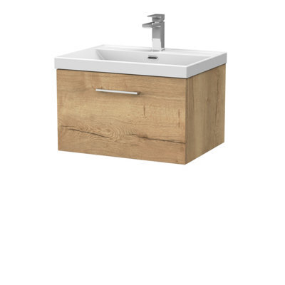 Balterley Pershall Contemporary Wall Hung 1 Drawer Vanity Unit With Thin-Edge Ceramic Basin, 600mm, Autumn Oak - image 1