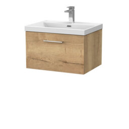 Balterley Pershall Contemporary Wall Hung 1 Drawer Vanity Unit With Thin-Edge Ceramic Basin, 600mm, Autumn Oak - thumbnail 1