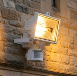 Outdoor Security Light, White, (150 - 500 Watt Max.) Ip44, Halogen, Pir Motion Sensor, Floodlight + Free 150W Halogen Bulb