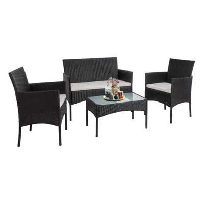 Black Outdoor Rattan Garden Furniture Sofa Set Chairs Table Table Patio 4Piece - image 1