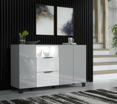 Furneo Sideboard Grey White High Gloss Matt Cabinet Cupboard Unit White Led Lights Enzo 16 - image 1