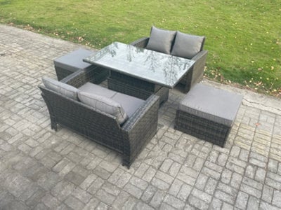 Fimous Garden Furniture Sets Poly Rattan Outdoor Patio Height Adjustable Rising Lifting Table Sofa Dining Set With 2 Big Footstool - image 1